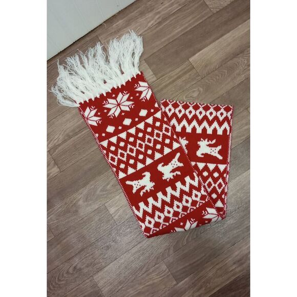 Holiday- winter reversible scarf, red white. 60 in x 7.5 in - Picture 2 of 3